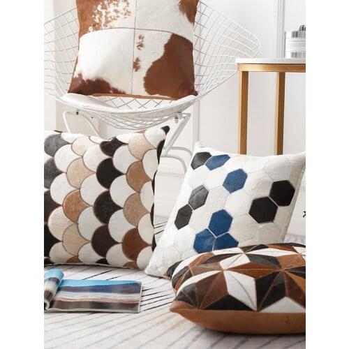 Hand Made Real Cow Leather Plaid Cushion for Furniture Upholstery 45*45cm Single Side Cowhide Skin Fur Pillow Without Core