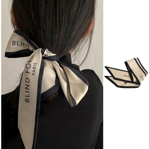 Women Narrow Long Scarf 100x6cm Chic French Gentle Elegant Chiffon Silk Tie Letter Print Bag Ribbon Headband Choker
