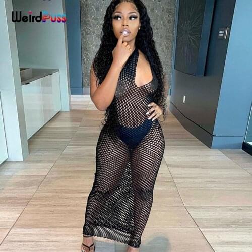 Weird Puss 2021 Grid Long Dress Women Sexy See Through Inclined Shoulder Black Bodycon Summer Fashion Hollow Backless Clubwear