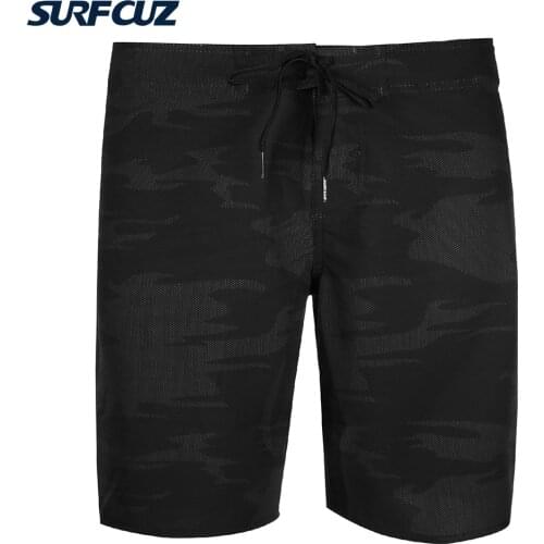 SURFCUZ Summer Mens Board Shorts 4-Way Stretch Surf Beach Short Drawstring Quick Dry Swimwear Black Print Swim Short Boardshort