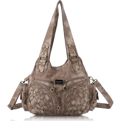 Women Leopard Handbag Shoulder Bag Messenger Tote with Rivets and Woven Decoration