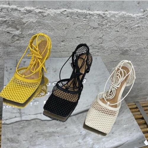 2021 New Sexy Mesh Pumps Sandals Female Square Toe High Heel Lace Up Cross-tied Stiletto Hollow Womens Shoes Dress Shoes