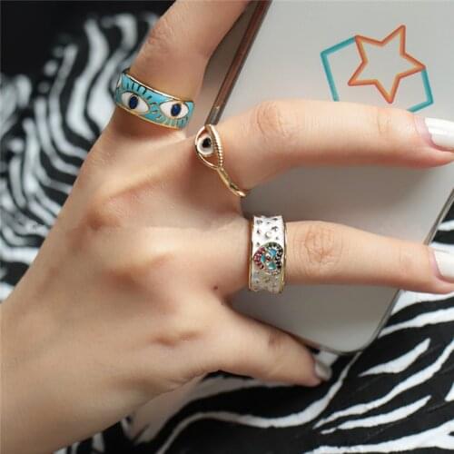 AOMU Drop Shipping Gold Color Pink Enamel Turkish Eye Women Finger Band Ring Boho Bohemia Fashion Lucky Jewelry US Size 7