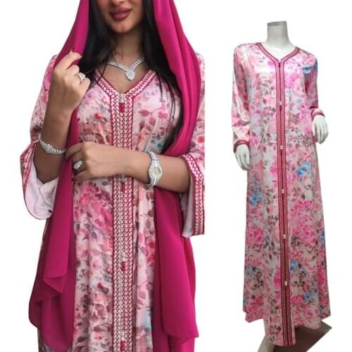 Fashion Pink Floral Maxi Dress for Women Ethnic Printing V Neck Dubai Turkey Arabic Moroccan Caftan Muslim Clothes Africa Robe