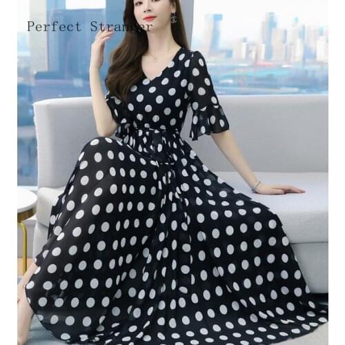 2021 Spring Summer New Arrival Hot Sale V Collar Dots Printed Short Sleeve Women Long Chiffon Beach Dress