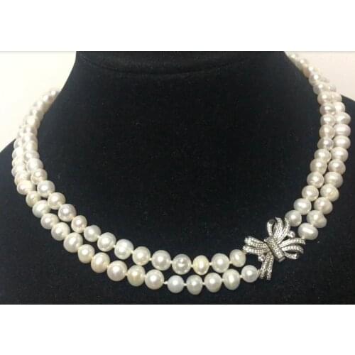 2 Rows 7~8mm South sea White Pearl Necklace 17"~18"