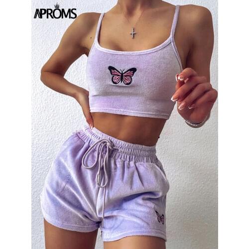 Aproms Yellow Velvet Crop Top and Shorts Women 2 Pieces Set Summer Embroidery Cami Drawstring Shorts Female Loungewear Suit 2021