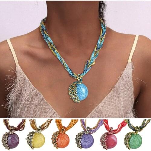 Boho Ethnic Jewelry Choker Handmade Pendant Necklace Natural Stone Bead Peacock Statement Necklace For Women Girls Gifts #WT