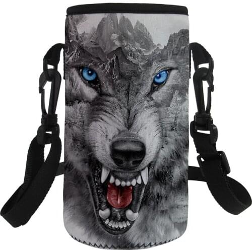 2021 3D Wolf Pattern Water Bottle Carrier Neoprene Water Bottle Holder Bag Case Pouch Cover 500-1000ML Adjustable Shoulder Strap