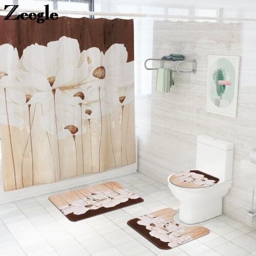 Home Decor Bath Mat and Waterproof Shower Curtain Set Non-slip Floor Carpet for Toilet 3D Flower Printing Bathroom Carpet Rug