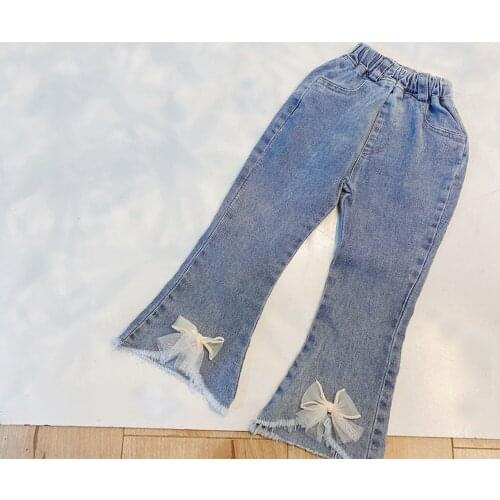 New Fashion Spring Autumn Bow Tie Patchwork Girls Kids Princess Jeans Pants Children Baby Bow Denim Flare Long Pant Trousers