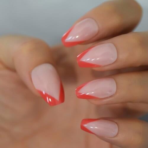 Glossy V Red French Ballerina Coffin Press on False Nail Nude Pink UV Full Cover Ballet Fake Nails Tips Women Girl Daily Wear