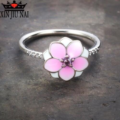 925 Silver Romantic Peach Flower Enamel & Pink CZ Finger Rings for Women wedding Cherry blossoms Valentines Day Couple Ring