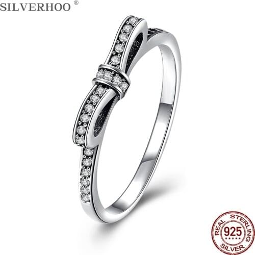 SILVERHOO Sterling Silver 925 Jewelry Cute Bowknot Vintage Rings For Women Clear Cubic Zirconia Finger Ring Valentines Day Gift