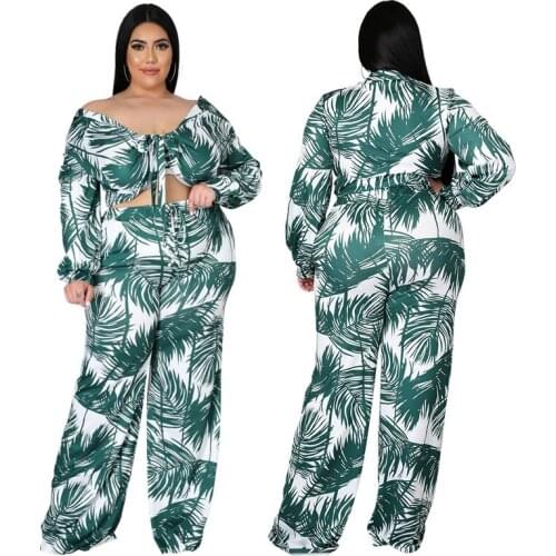 2 Piece Set Women Long Sleeve Tops + Wide Leg Pants Summer Beach Boho Clothing Flower Printed Two Piece Suits Plus Size 5XL