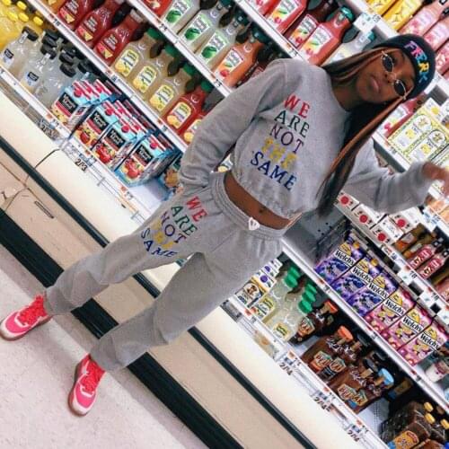 Ueteey New Two-piece Casual O Neck Letter Print Grey Two Piece Pants Set