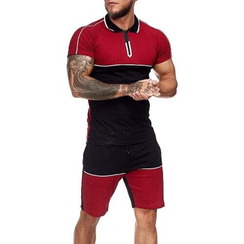 Summer Men T-shirt Set 2-piece Mens Sportswear Suit Tracksuit Set Color Block Lapel Summer Skinny Short Sleeve Shirt for Sports