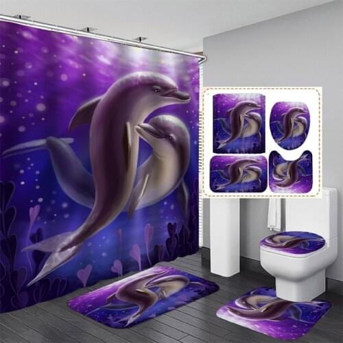 3D Cute Dolphin Pattern Bathroom Set Shower Curtain Anti-slip Cushion Toilet Cushion U-shaped Cushion, Bathroom Essential