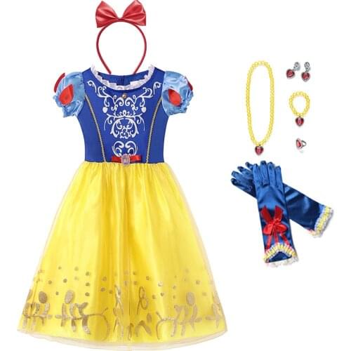 Girls Snow White Cosplay Dress Princess Costume Children Flower Puff Sleeve Ball Gown Kids Birthday Halloween Party Fancy Dress