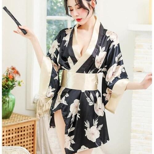 Deluxe Sexy Lingerie Japanese Kimono Outfit Satin Print Robe Cosplay Costumes Traditional Style Pajamas Soft Silk Belt 3pcs Set