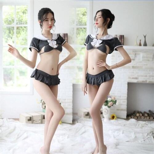 Womens Cute Student Sailor Stewardess Uniform Temptation Cosplay Hollow Bow Top Button Mini Pleated Skirt Sexy Lingerie Suit
