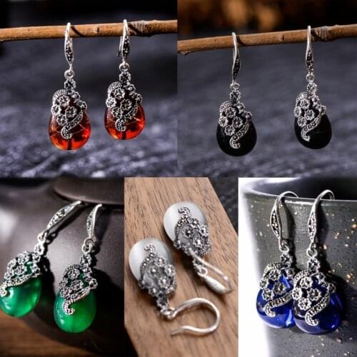 Sterling Silver Earrings Black / Blue / Green / Red / White Stone Drop Dangle Earrings 34x13mm Gift For Women Fine Jewelry