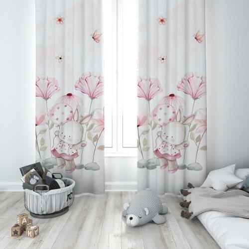 Curtains Children 3D Printed Decorative Items Home Childrens Room Beige Rabbit Red Flower Model 1409