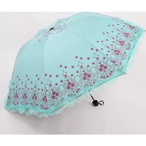 Three folding umbrella lace women umbrella black coating sunshade sunny and rainy dual-use umbrella windproof strong umbrella