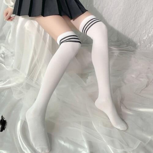 Sexy Thigh High Over The Knee Long Socks Japanese College Style Cotton Thick Black White Stripes Stockings Lolita Exotic Apparel
