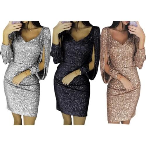 Sexy Sequined Dresses For Women Club Dress Female V-neck Sparkling Tassel Long-Sleeved Slim Bag Hip Dress