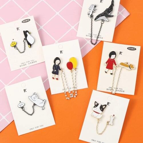 Penguin Cat Balloon Girl Cartoon Alloy Brooch Female Vintage Personality Pin Decoration Badges Backpack With Chain Brooches