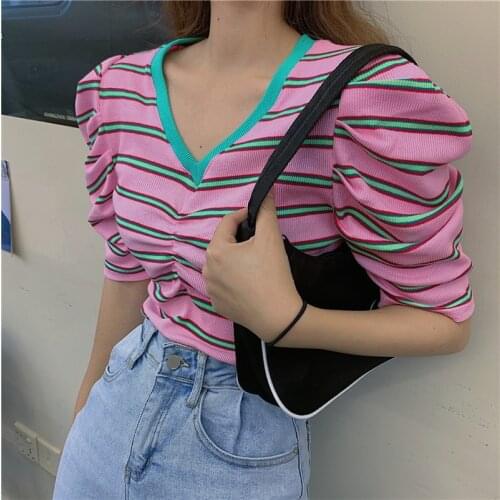 2020 Summer Vintage Design Women Tops Sweaters Pullovers Puff Sleeve Contrast Striped Sweet Girls Shirts V-Neck Comfort Clothing