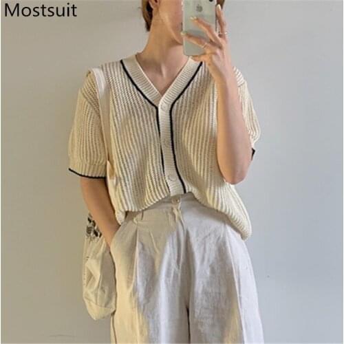 Summer Korean Knitted Cardigan Knitwear Women Short Sleeve V-neck Single Breasted Sweater Vintage Elegant Jumpers Tops 2021