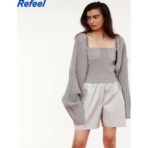 Vintage Knitted Chain Camisole Sexy Tops harajuku Tshirt Short Batwing Cardigan Women 2 Pieces Sets