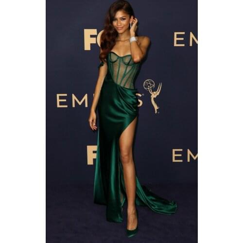 Long Green Satin Mermaid Celebrity Dresses with Side Slit Robe De Soiree Floor Length V-Neck Formal Dresses for Women