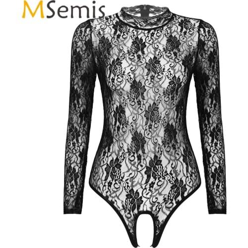 Womens Lingerie Crotchless Bodysuit See-Through Lace Stand Collar Long Sleeve Back Zipper Floral Pattern Leotard Nightwear