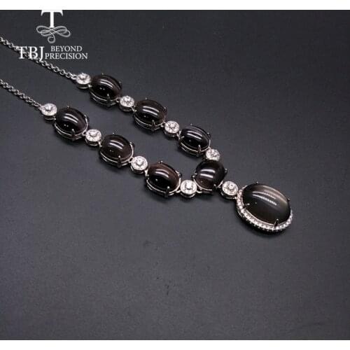 TBJ,925 silver natural gemstone Silimonite cats eye match gray moonstone unique big necklace women wedding essential jewelry