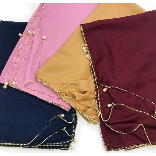 10pcs/lot New Luxury Crystal Chain Edges Plain Hijab Scarf Pearl Design Plain Fashion Muslim Gorgeous Hijabs Women Scarves