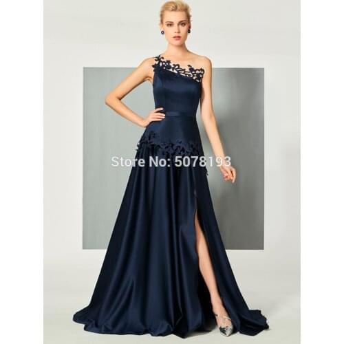 10261 navy fashion one-shoulder A-line floor-length matte satin long evening dresses/party gowns embroidery free shipping