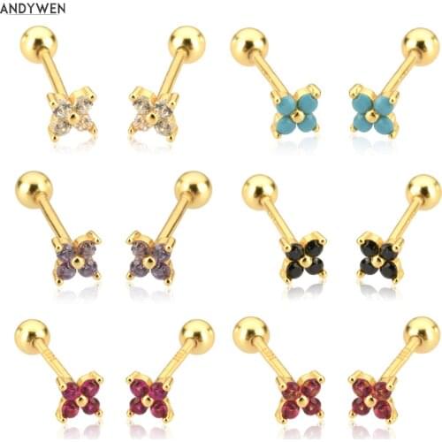 ANDYWEN 925 Sterling Silver Rainbow Four Zircon Charm Stud Earring Piercing Fashion Fine Jewelry Gift Luxury Crystal Jewels