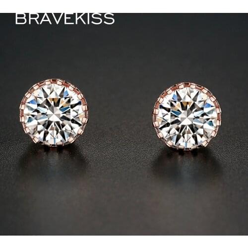 BRAVEKISS Round Circle Stud Earrings Pave Zircono Rose Gold Color Piercing Womens Earrings Ladies Fashion Jewellery BUE0013A