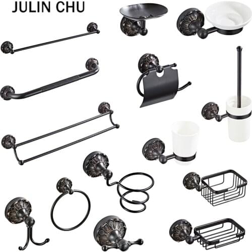 Black Bathroom Accessories Set Antique Hairdryer Cup Holder WC Paper Towel Rack Ring Soap Dish Basket Robe Coat Hook Grab Bar