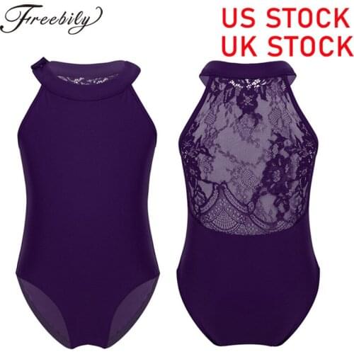 Kids Dancewear Teens Girls Sleeveless Halter Floral Lace Back Ballet Gymnastics Leotard Jumpsuit Child Gymnastic Dance Costume