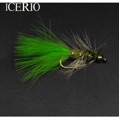 ICERIO 8PCS Green Tail Brass Bead Head Flash Bugger Streamer Flies Fly Fishing Trout Lure #10