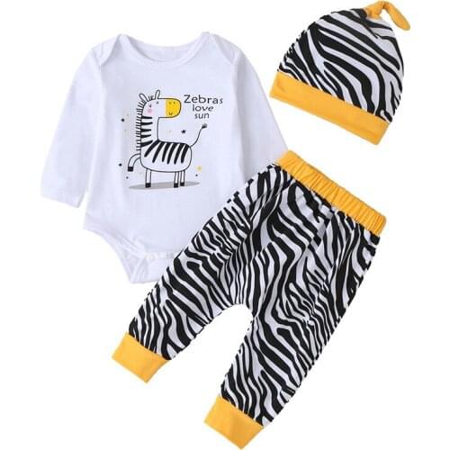 Baby Bodysuit Long Sleeve Newborn Infant Long Sleeve Animal Print Romper+Pants +Hats 3pcs Cotton Outfit Clothes