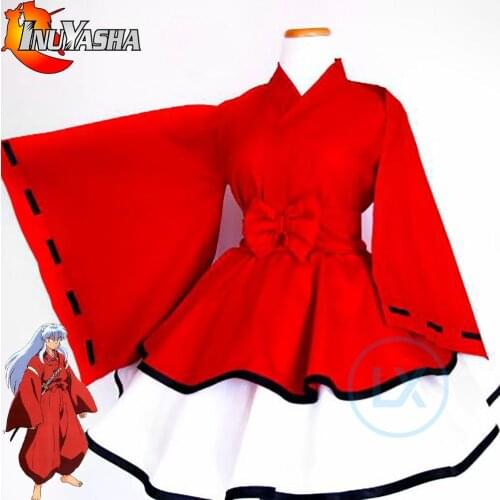 Anime Inuyasha Cosplay Costume Lolita Inuyasha Kimono Dress Full Sets Custom Made Halloween Costume For Female Girls