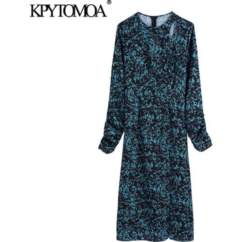 KPYTOMOA Women 2021 Fashion Hollow Out Printed Midi Dress Vintage O Neck Long Sleeve Female Dresses Vestidos Mujer