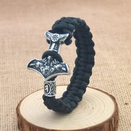 Mens Viking Stainless Steel Crow Hammer Bracelet Nordic Compass Rune Beads Black Umbrella Cord Hand-woven Bracelet