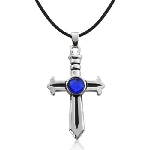 Fashion New Simple Anime Cross Shape Blue Rhinestone Pendant Black Leather Rope Necklace Halloween Jewelry Gift Direct