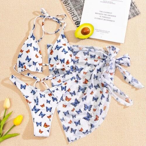 Sagace print backless simple slim swimsuit womens sexy fashion butterfly print split yarn skirt Three Piece Bikini Swimsuit